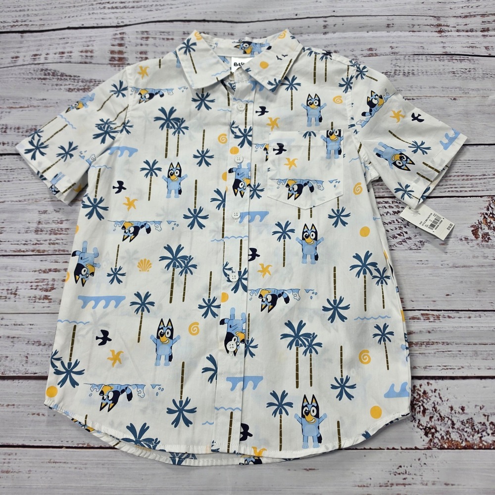 Bluey Button Down‎ Shirt Kids Small White NWT Tropical Palm Tree BBLU0GPYSB
